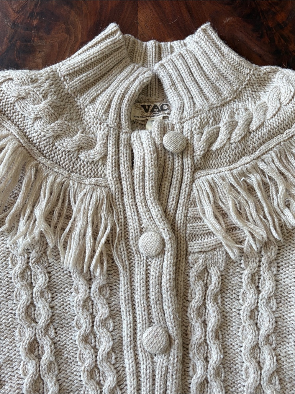 Vintage Nine West Cream Cable Knit Fringe Sweater Cardigan boho western 70’s